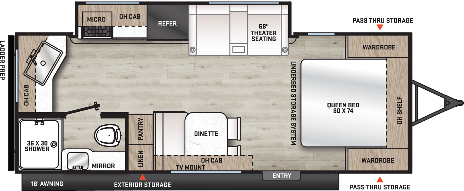 The Aurora 22MLS floorplan has one entry and one slide out. Exterior features include: metal exterior and 18' awning. Interiors features include: front bedroom.